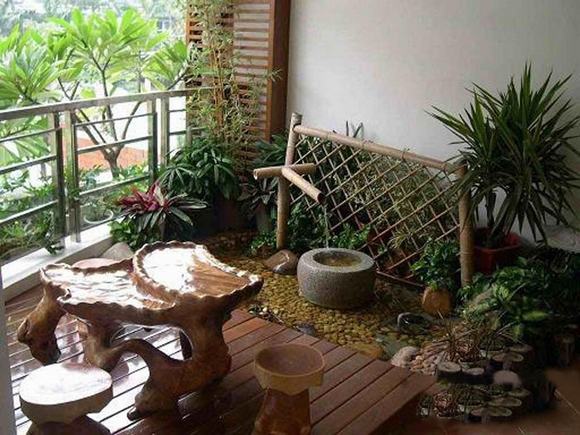 Tiểu cảnh ban công mang màu sắc dân dã, kết hợp góc uống trà